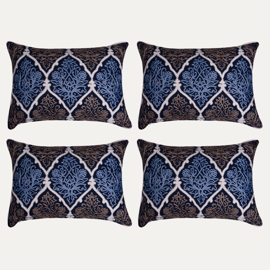 Throw Pillow Covers - Blue Brown Pillow Set, Embroidered Linen Cushion Covers 14x20