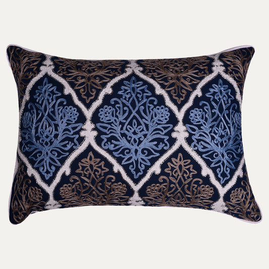 Throw Pillow Covers - Blue Brown Pillow Set, Embroidered Linen Cushion Covers 14x20