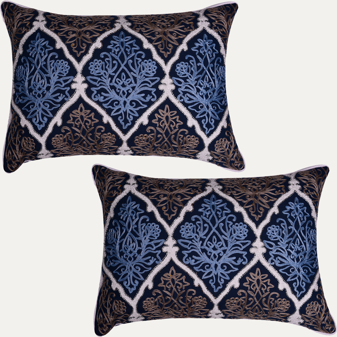 Throw Pillow Covers - Blue Brown Pillow Set, Embroidered Linen Cushion Covers 14x20