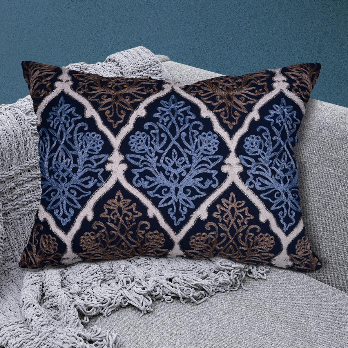 Throw Pillow Covers - Blue Brown Pillow Set, Embroidered Linen Cushion Covers 14x20