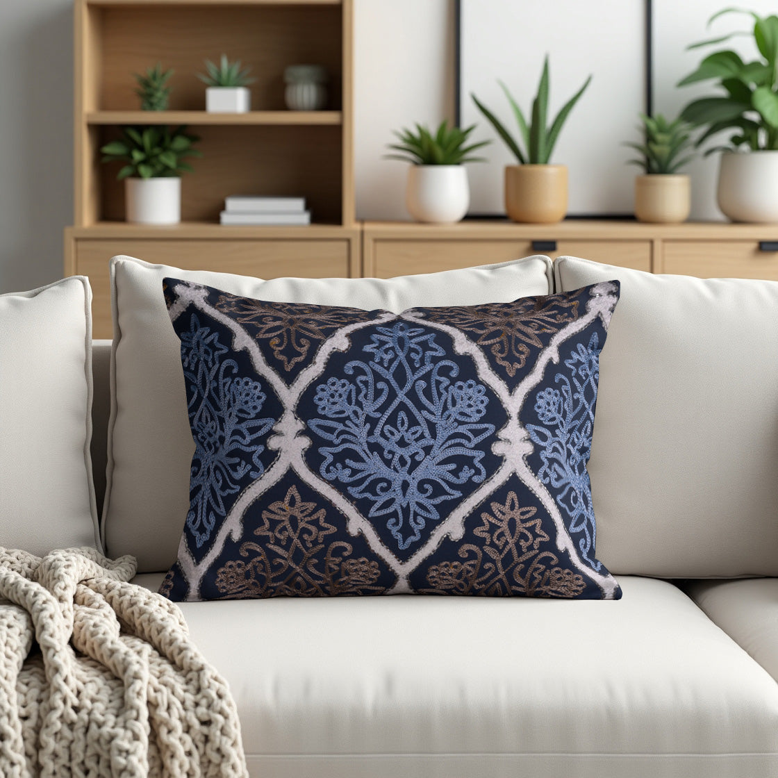 Throw Pillow Covers - Blue Brown Pillow Set, Embroidered Linen Cushion Covers 14x20