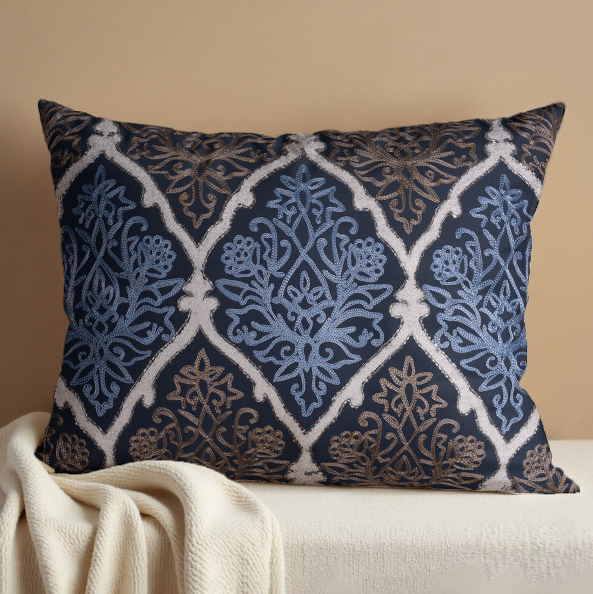 Throw Pillow Covers - Blue Brown Pillow Set, Embroidered Linen Cushion Covers 14x20