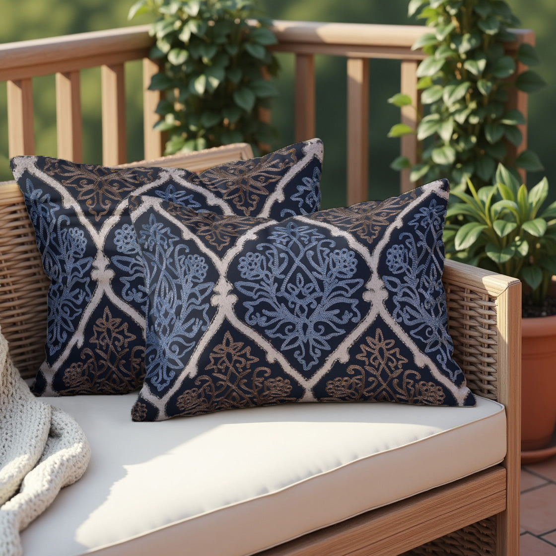Throw Pillow Covers - Blue Brown Pillow Set, Embroidered Linen Cushion Covers 14x20