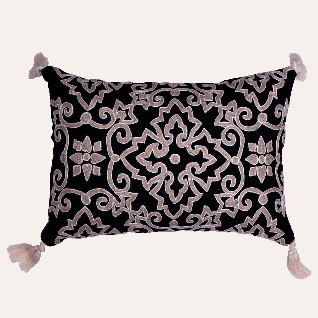 Throw Pillow Covers - Embroidered Black Beige Linen Cushion Cover Sets 18x18 Inches