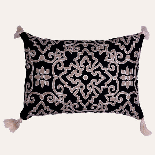 Throw Pillow Covers - Embroidered Black Beige Linen Cushion Cover Sets 18x18 Inches