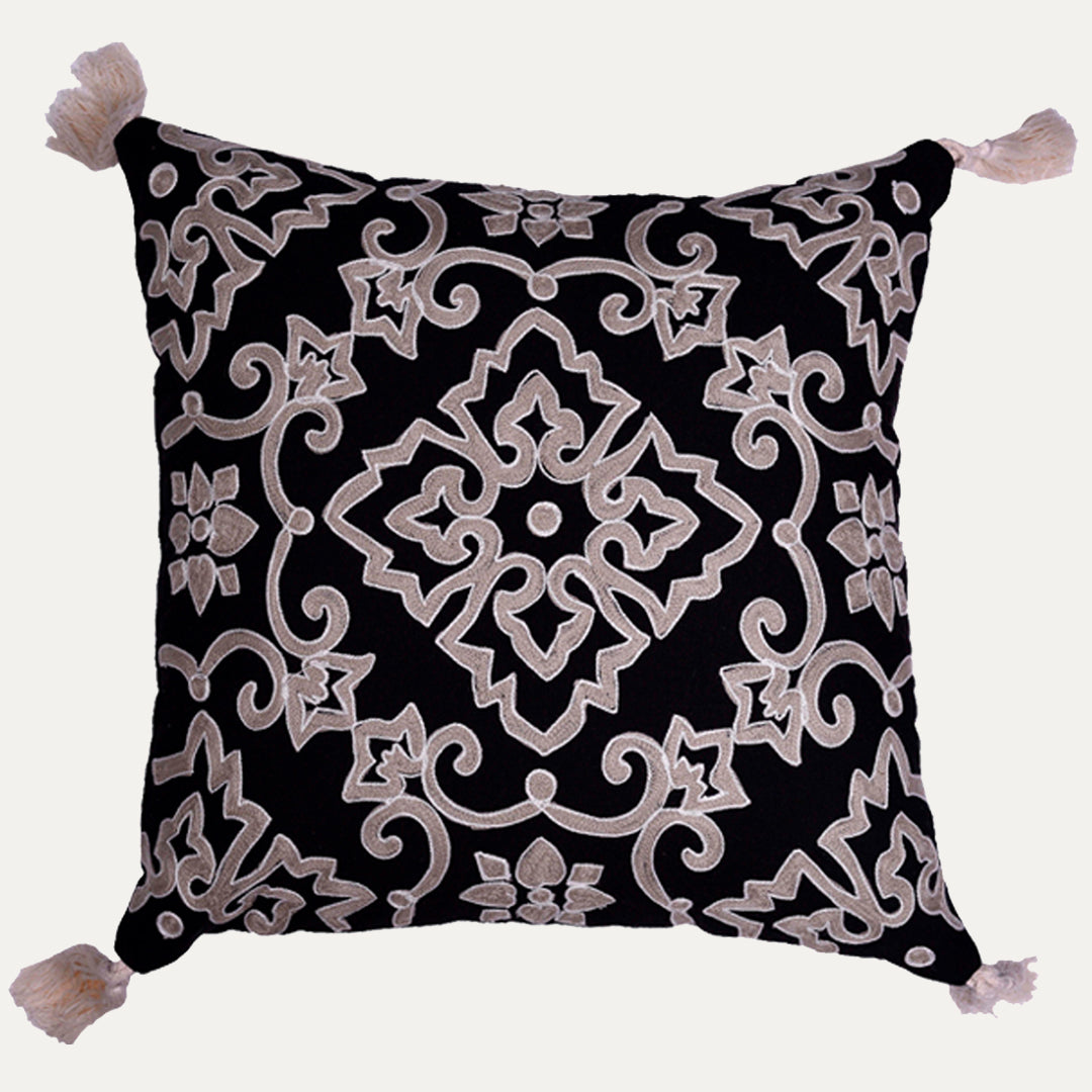 Throw Pillow Covers - Black Beige Embroidered Linen Cushion Set, 18x18 Inches