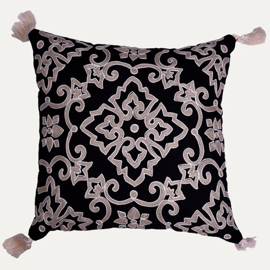 Throw Pillow Covers - Black Beige Embroidered Linen Cushion Set, 18x18 Inches