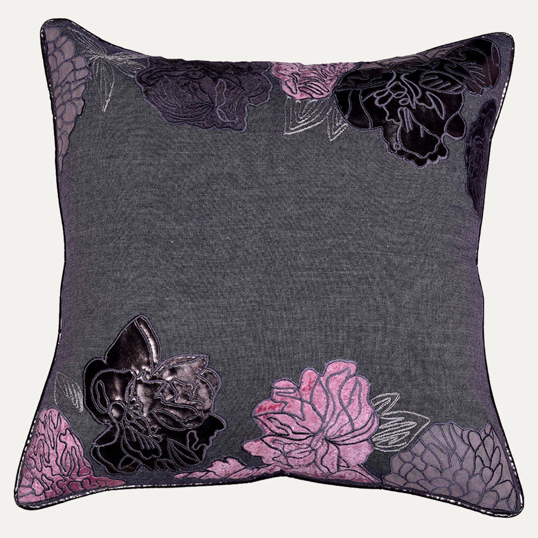 Gray Throw Pillow Covers - Embroidered Linen Cushion Set, 18x18 Inch PU Patchwork
