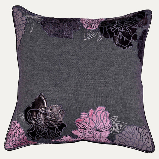 Gray Throw Pillow Covers - Embroidered Linen Cushion Set, 18x18 Inch PU Patchwork