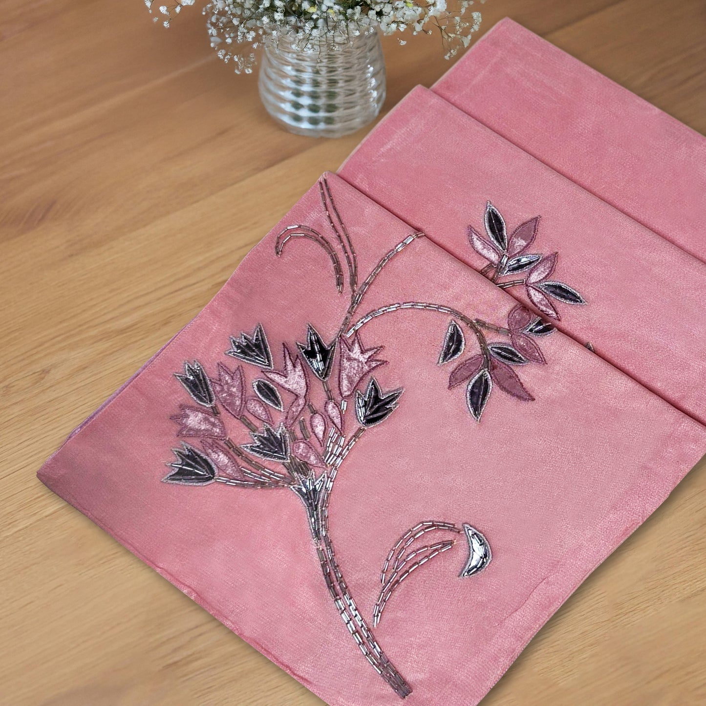 Decorative Table Runner - Embroidered Satin Backing Indoor Outdoor Table Decor