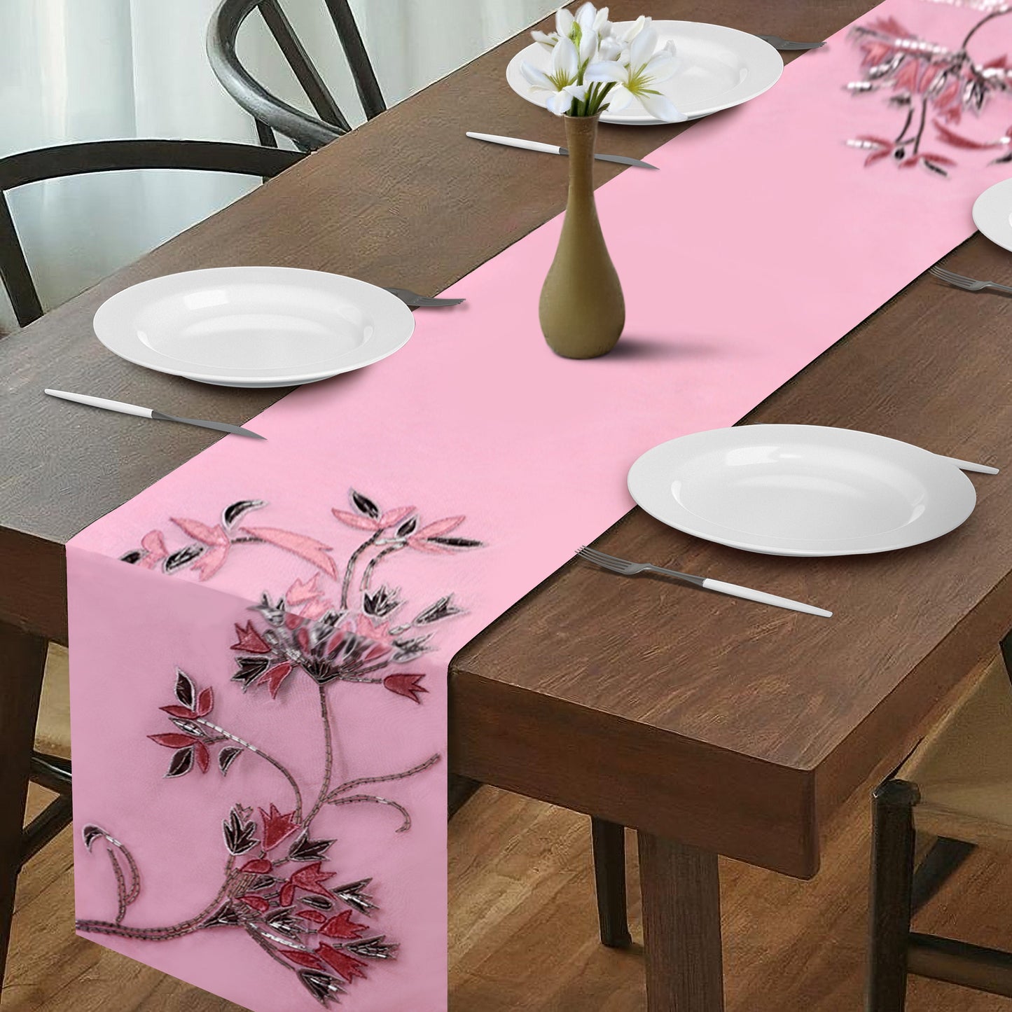 Decorative Table Runner - Embroidered Satin Backing Indoor Outdoor Table Decor