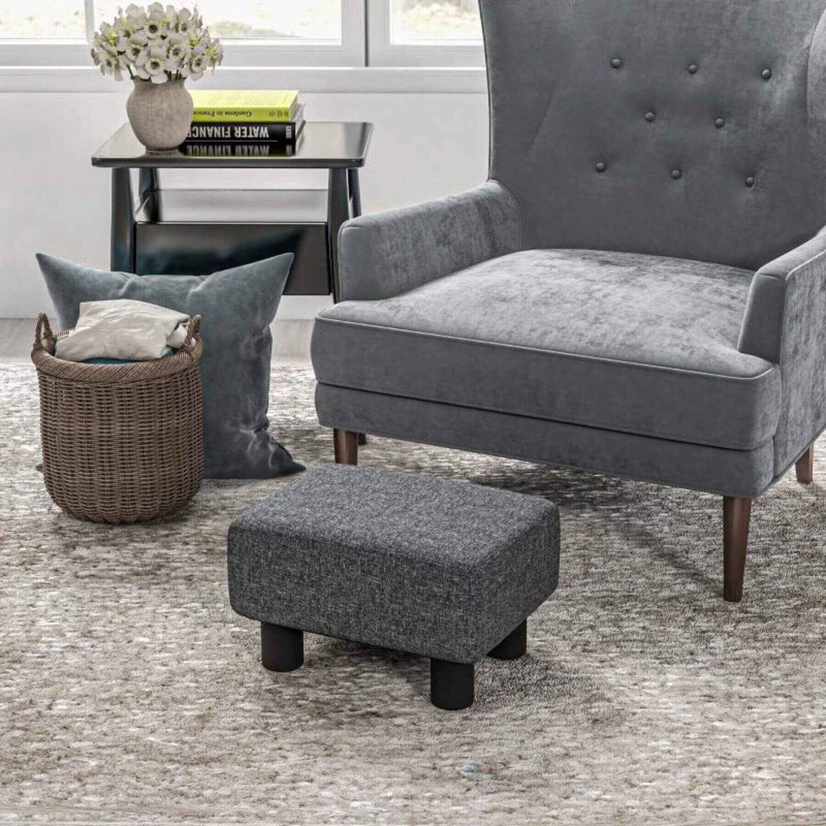 HOMCOM 16" Cube Modern Linen Fabric Pouf Footrest Ottoman, Charcoal Gray