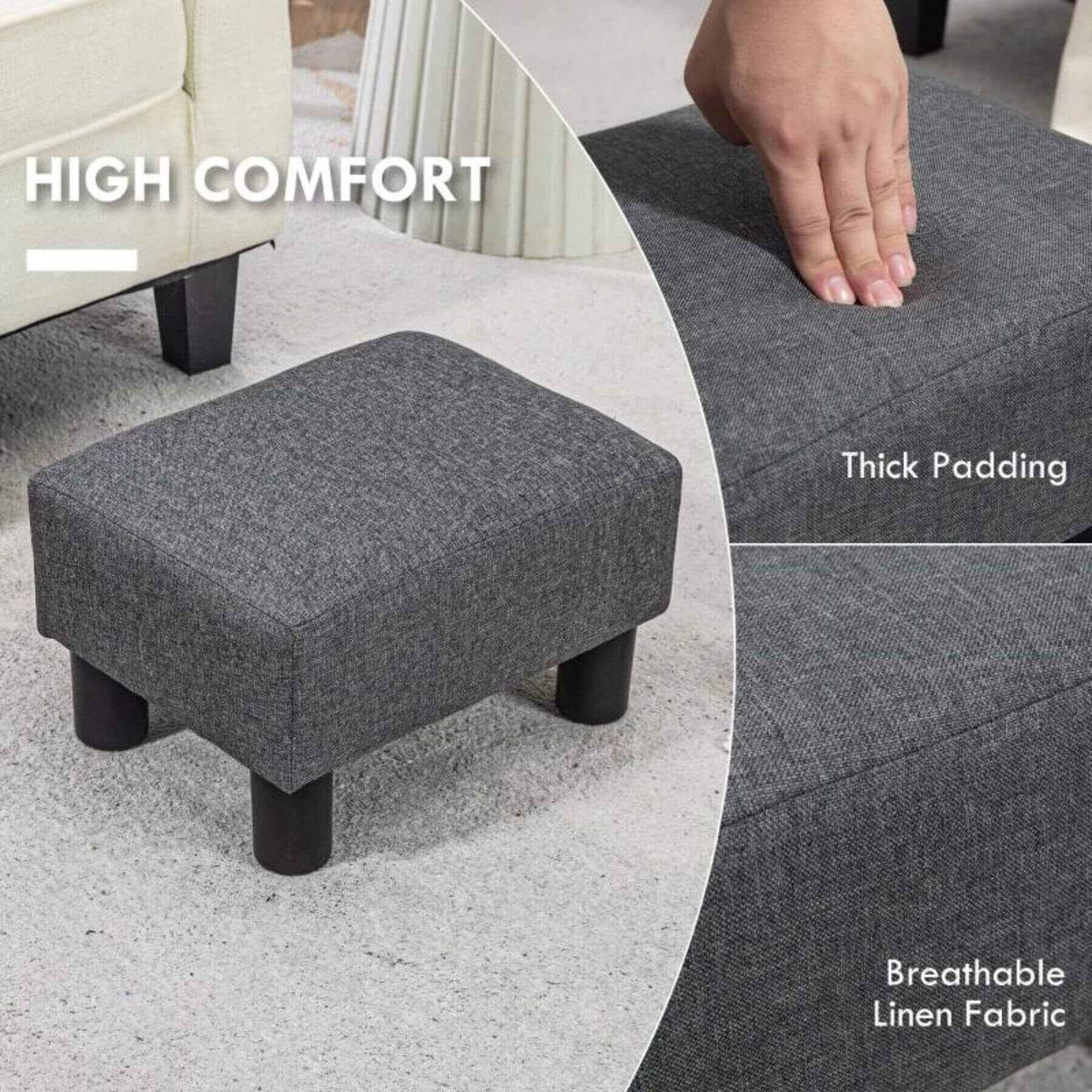HOMCOM 16" Cube Modern Linen Fabric Pouf Footrest Ottoman, Charcoal Gray
