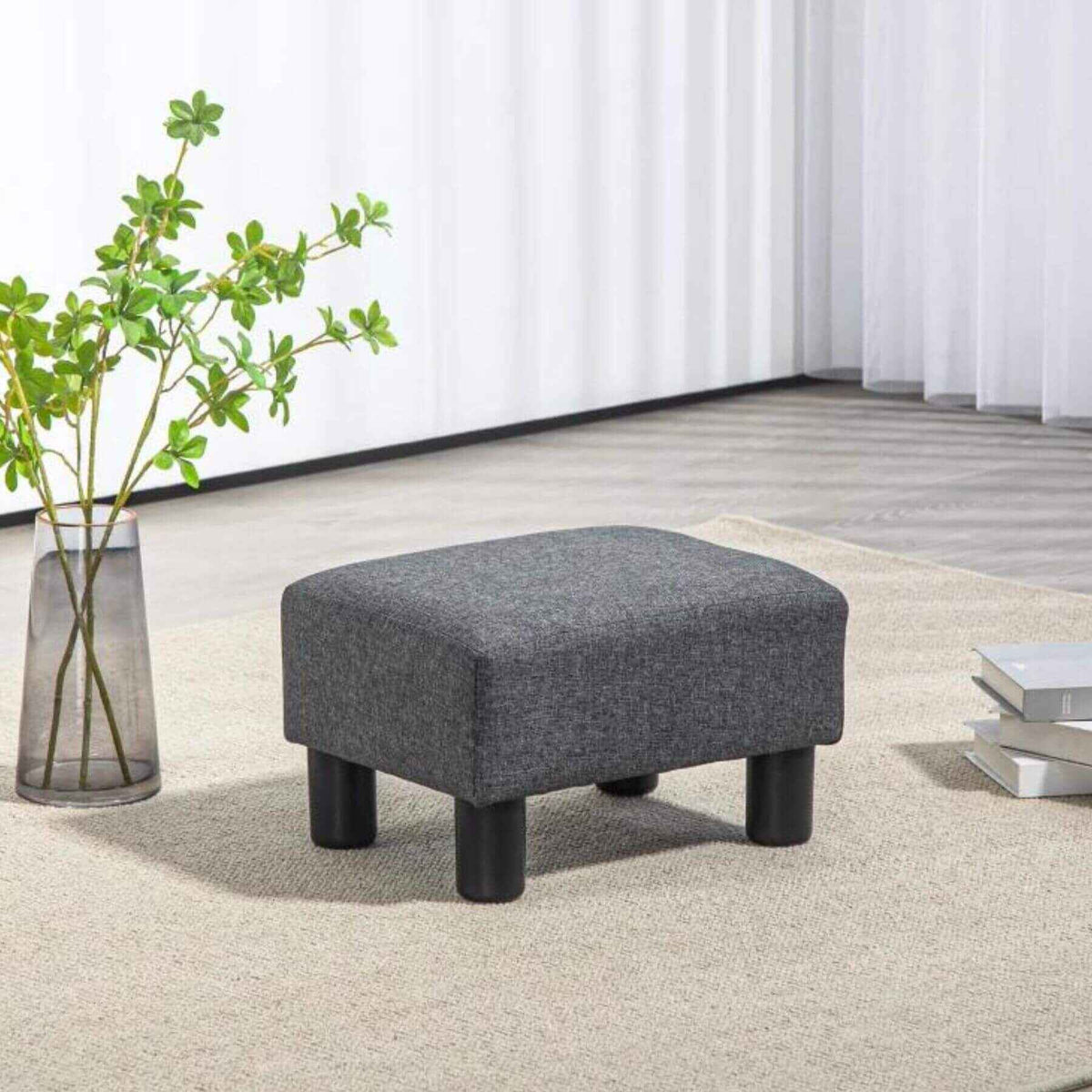 HOMCOM 16" Cube Modern Linen Fabric Pouf Footrest Ottoman, Charcoal Gray