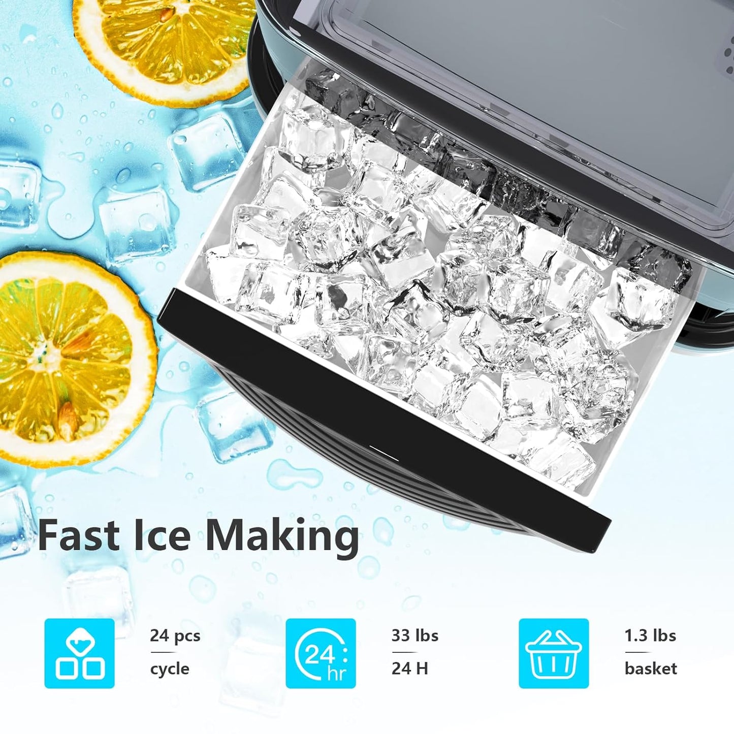Cubic Ice Maker Machine,33 Lbs/24 Hrs,1.3 Lbs Ice Storage Capacity ,Black