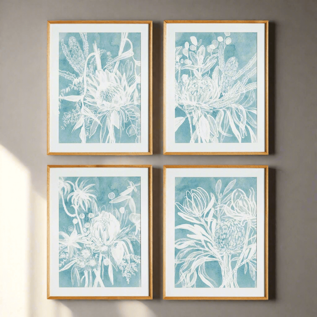 Cyanotype-Inspired Protea Wall Art with Wood Frames (Set of 4)