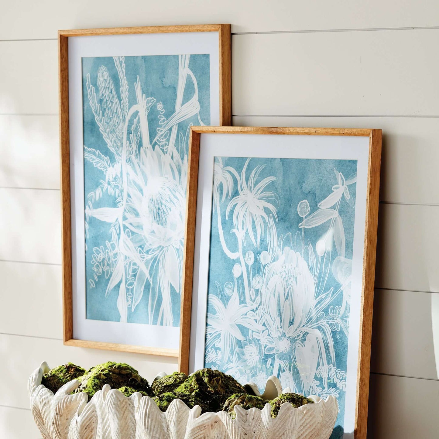 Cyanotype-Inspired Protea Wall Art with Wood Frames (Set of 4)