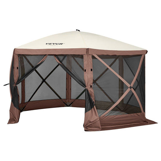 Pop Up Gazebo Tent, Pop-Up Screen Tent 6 Sided Canopy Sun Shelter with 6 Removable Privacy Wind Cloths & Mesh Windows, 12.5x12.5FT Quick Set Screen Tent with Mosquito Netting, Brown
