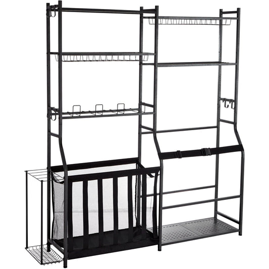 Golf Storage Garage Organizer, 2 Golf Bag Storage Stand Holder and Other Sports Equipment Storage Rack, Outdoor Steel Ball Cart, Sports Gear and Toys Storage Shelves with Baskets & Hooks, Black