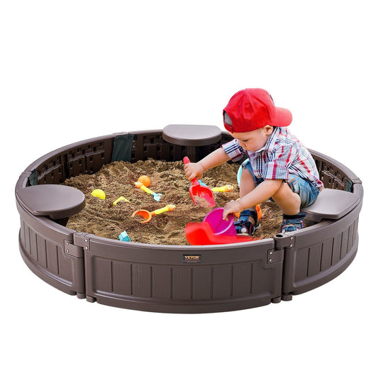 Sandbox with Cover, 47.2 x 9.1 in Round Sand Box, HDPE Sand Pit with 3 Corner Seating and Bottom Liner, Kids Sandbox for Outdoor Backyard, Beach, Park, Gift for Boys Girls Ages 3-12, Brown