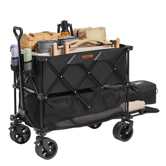 Foldable Double Decker Wagon, 400L Collapsible Wagon Cart with All-Terrain Wheels, Heavy Duty Folding Wagon Cart 350 lbs Weight Capacity for Camping, Shopping, Garden, 52" Extra Long Extender