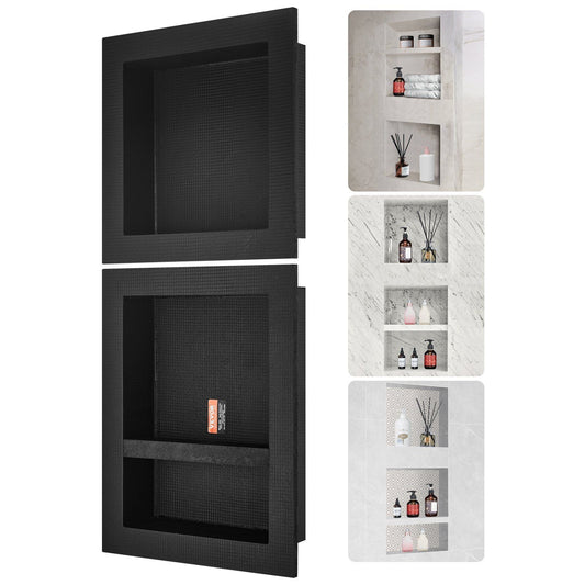 Shower Niche Ready for Tile 16" x 16" & 16" x 20", Triple Shelf Organizer, Square Corners Wall-inserted Niche Recessed, Sealed Protection Modern Soap Storage Niche for Shower Bathroom, Black