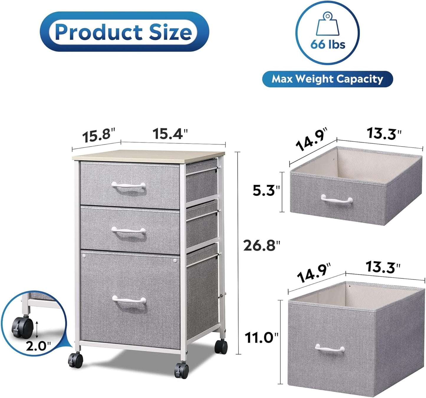 Mobile File Cabinet With 3 Drawers Rolling Printer Stand Light Grey