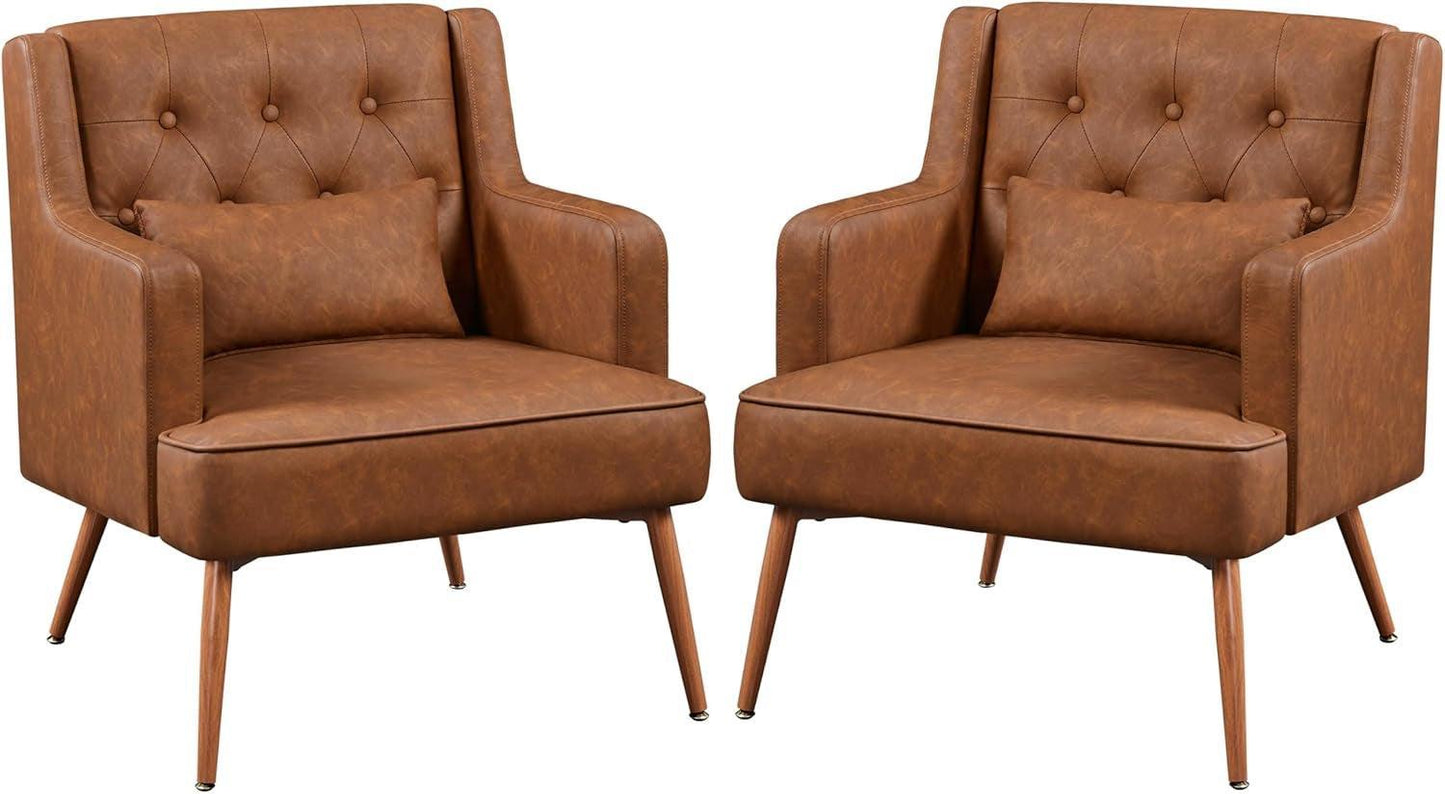 Two Brown Leatherette Mid Century Accent Chairs Set