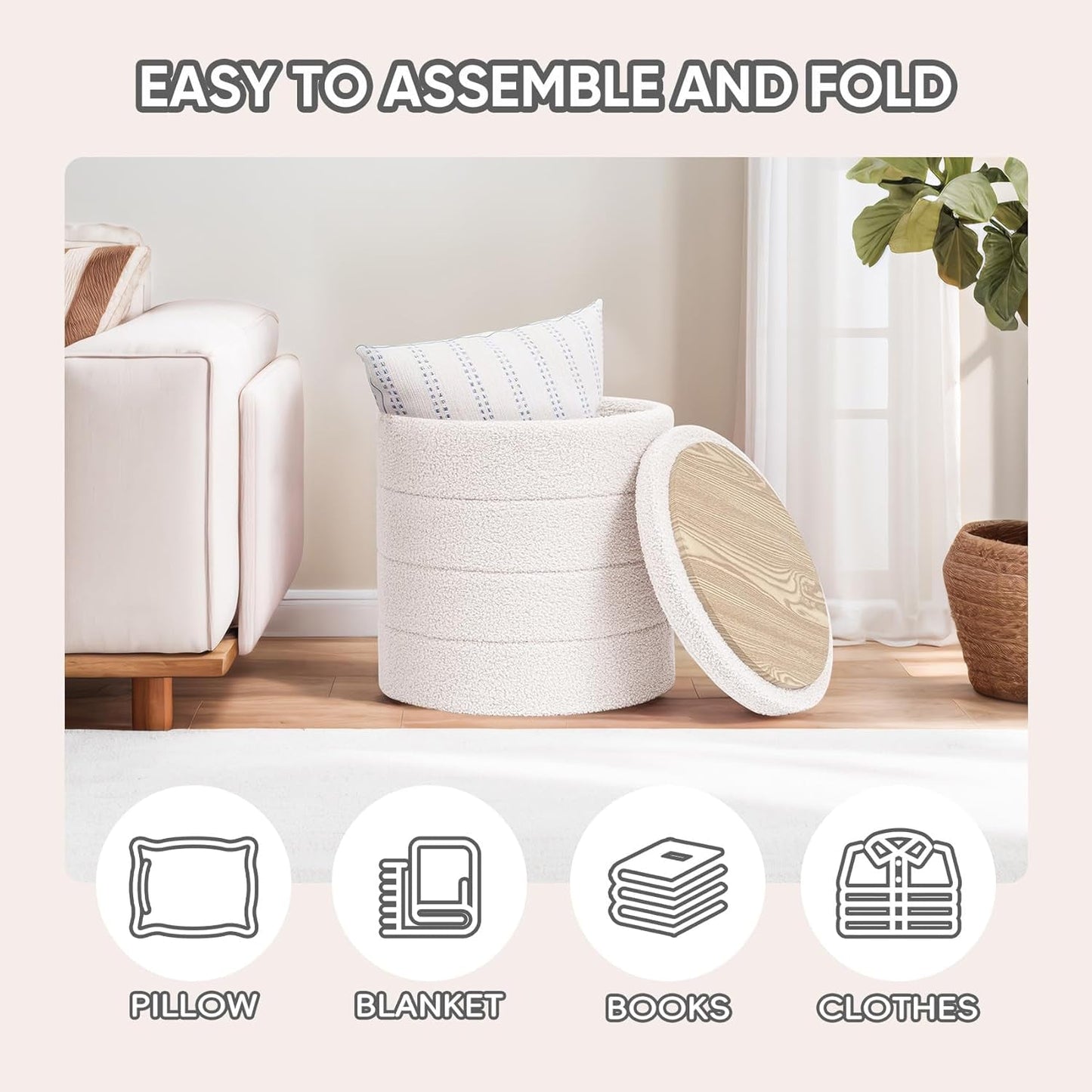 Round Storage Ottoman With Tray White VelvetFabric