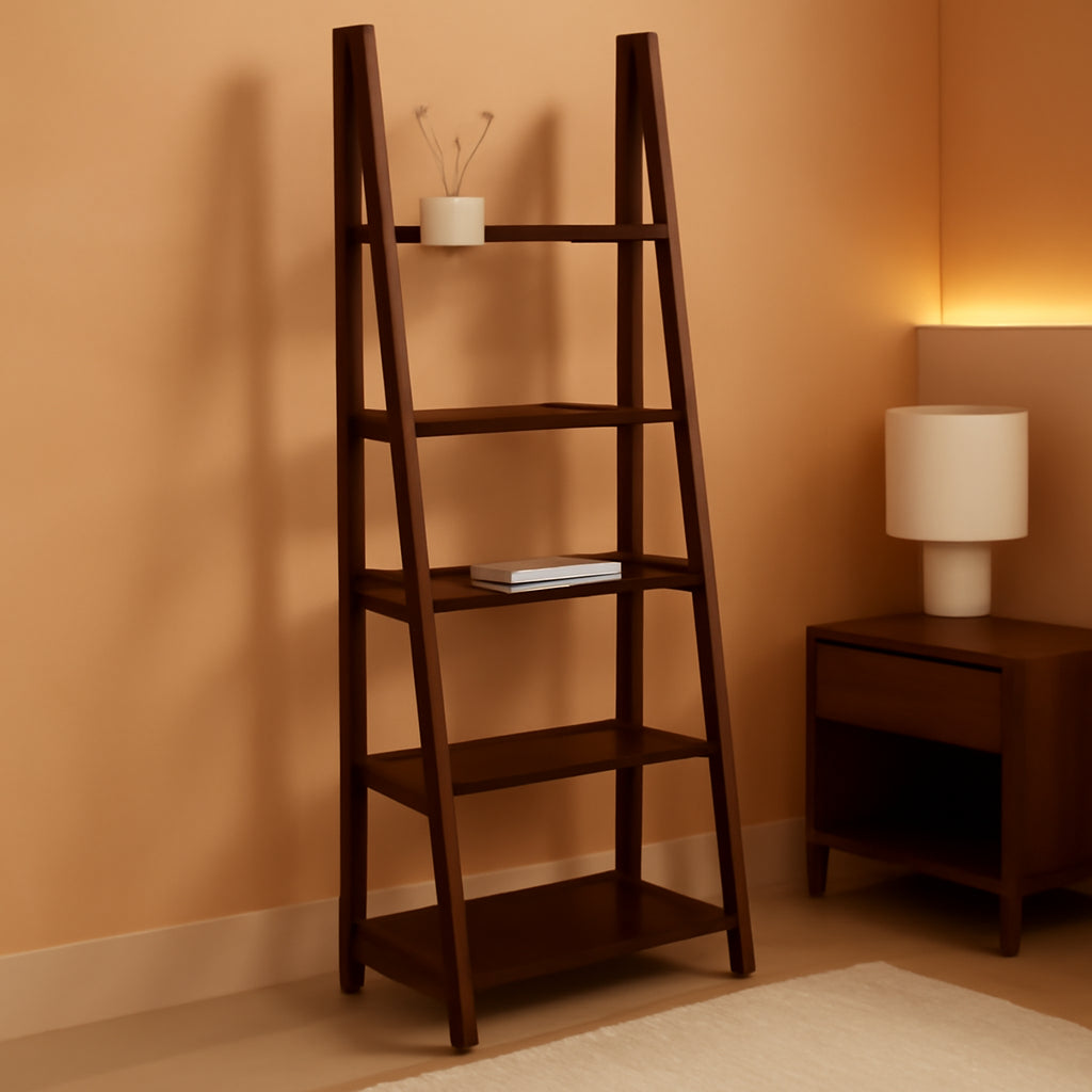 Ladder Bookshelf Organizer Espresso Rubberwood Frame 14 Inch Depth 70 Inch Tall
