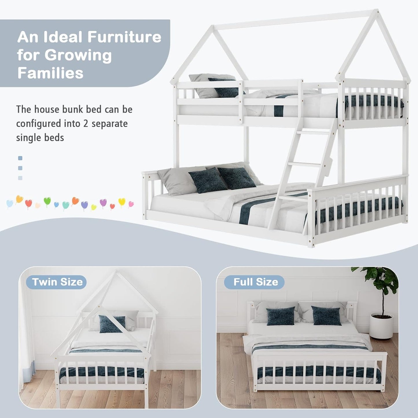Solid Wood Twin Over Full Bunk Bed White With Guardrails