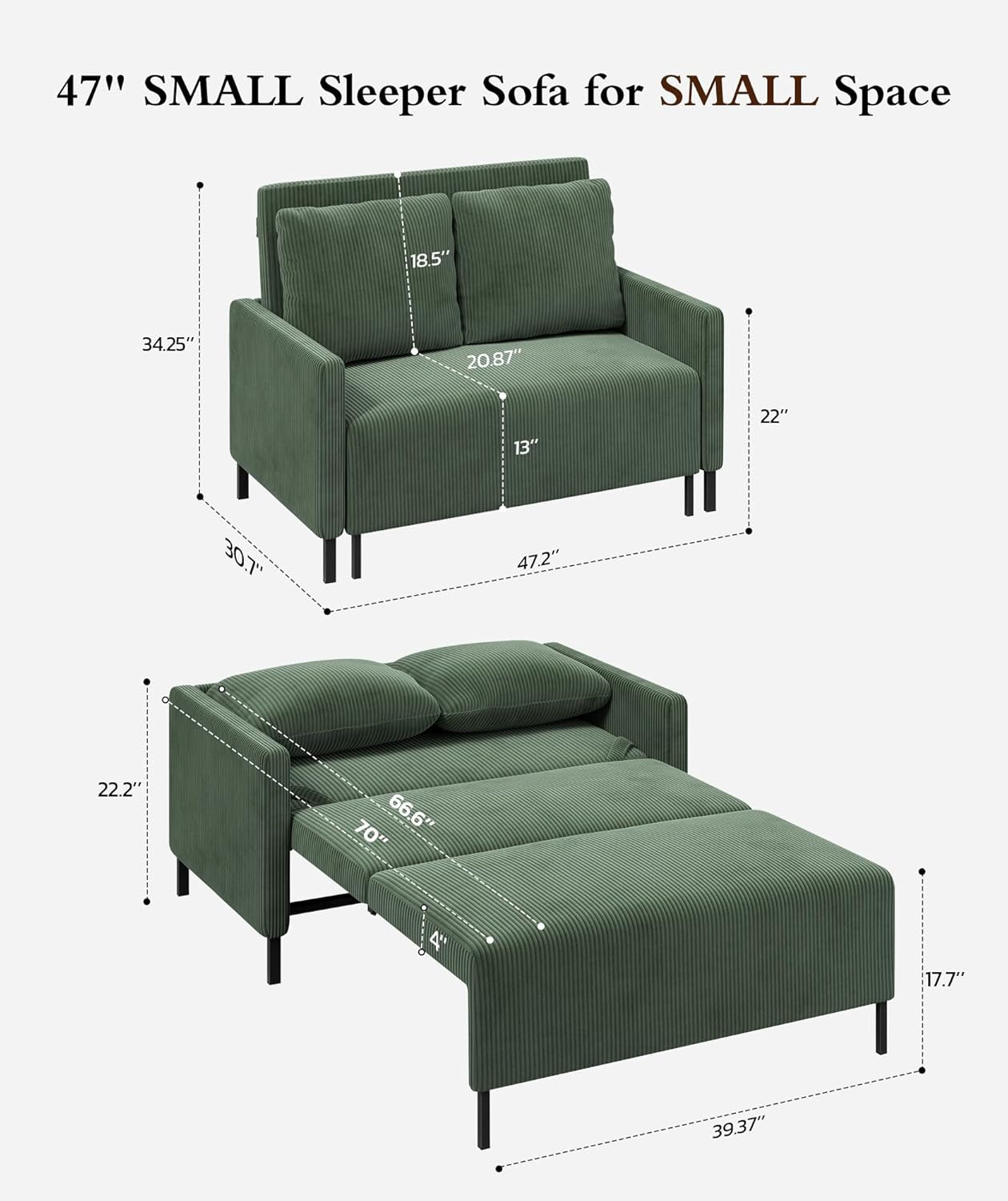 Forest Green Corduroy Convertible Sofa 47Inch Sleeper