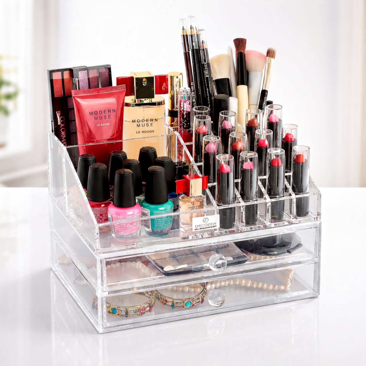 Clear Makeup Organizer - Acrylic Cosmetic Storage Box with 19 Slots & 2 Drawers