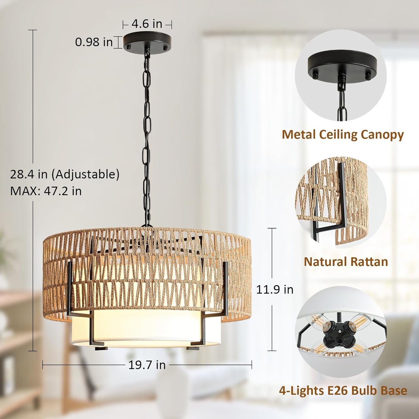 Boho Rattan Chandelier Pendant Light Natural Finish