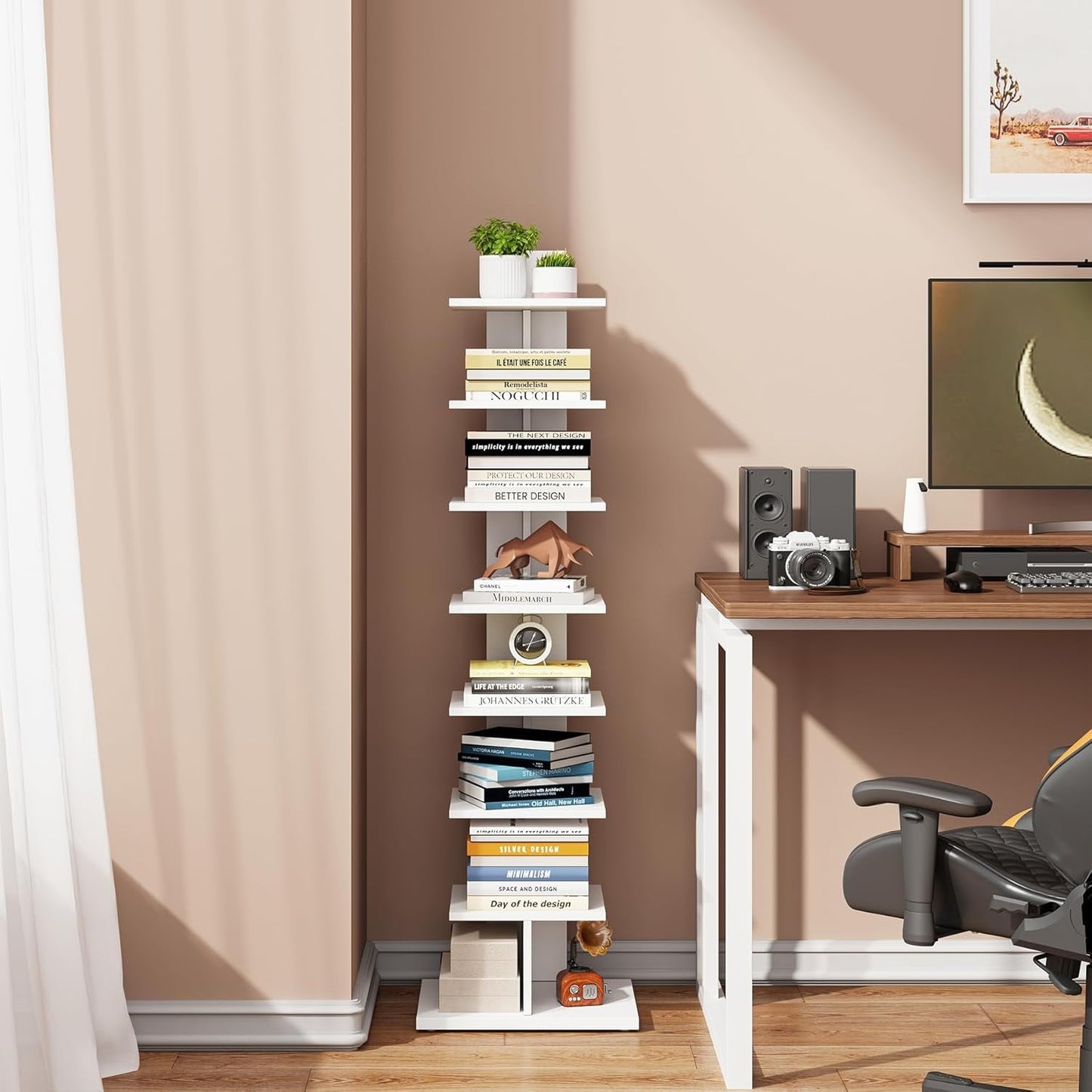 Vertical Bookshelf 8 Tier White Bookcase Living Room