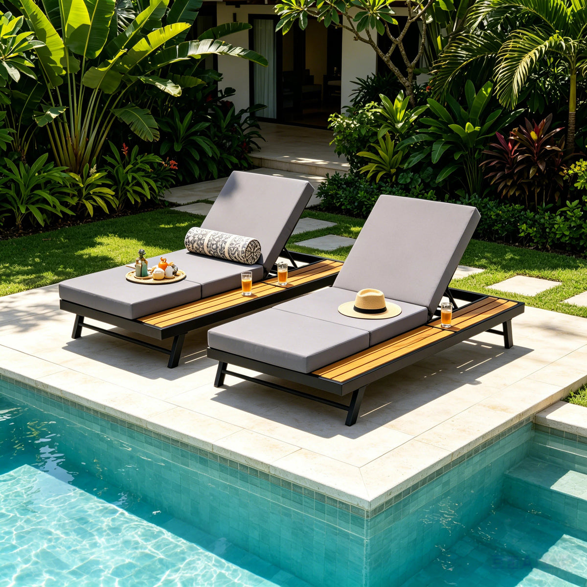 Black Iron + Teak Finish Chaise Lounge Set with Dark Grey Cushion