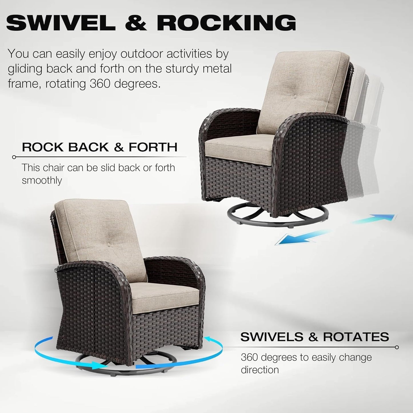 Outdoor Swivel Rocker Chairs 3 Piece Wicker Set Cushioned