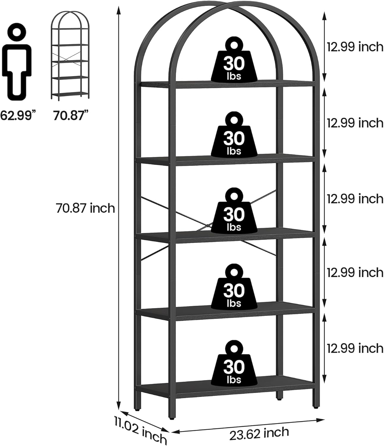 Tall Black Arched Bookcase With 5 Open Shelves For Living Room