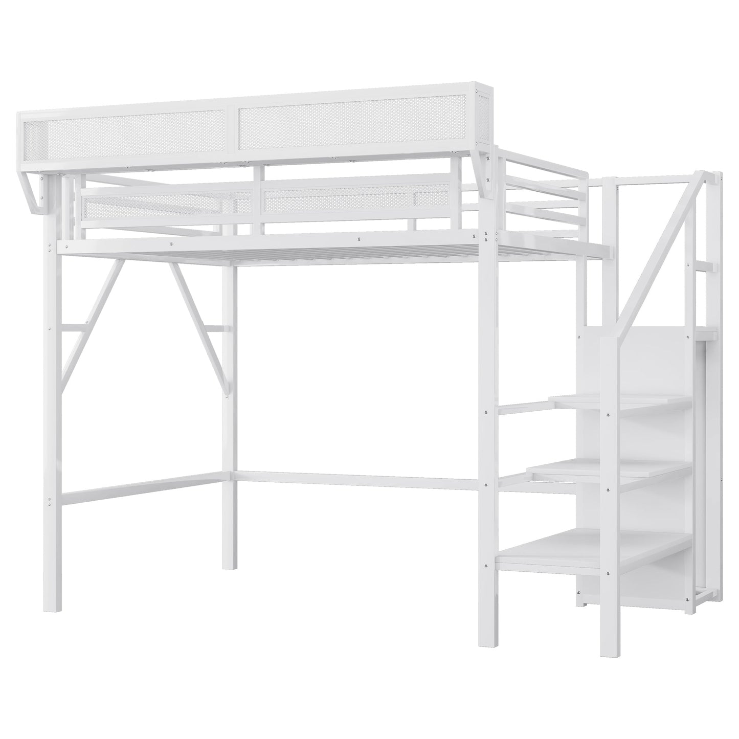 Twin XL Size Loft Bed with Stairs, Metal Full Loft Bed with Storage Shelves, High Loft Bed with Wardrobe for Kids Teens,White(Expect Arrival Date 2025/10/14)