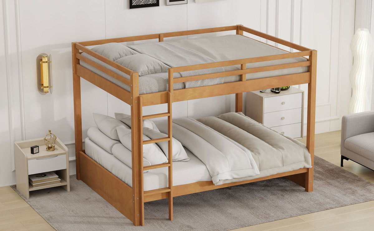 Wood Queen Size Bunk Bed with Ladder, Wood Color