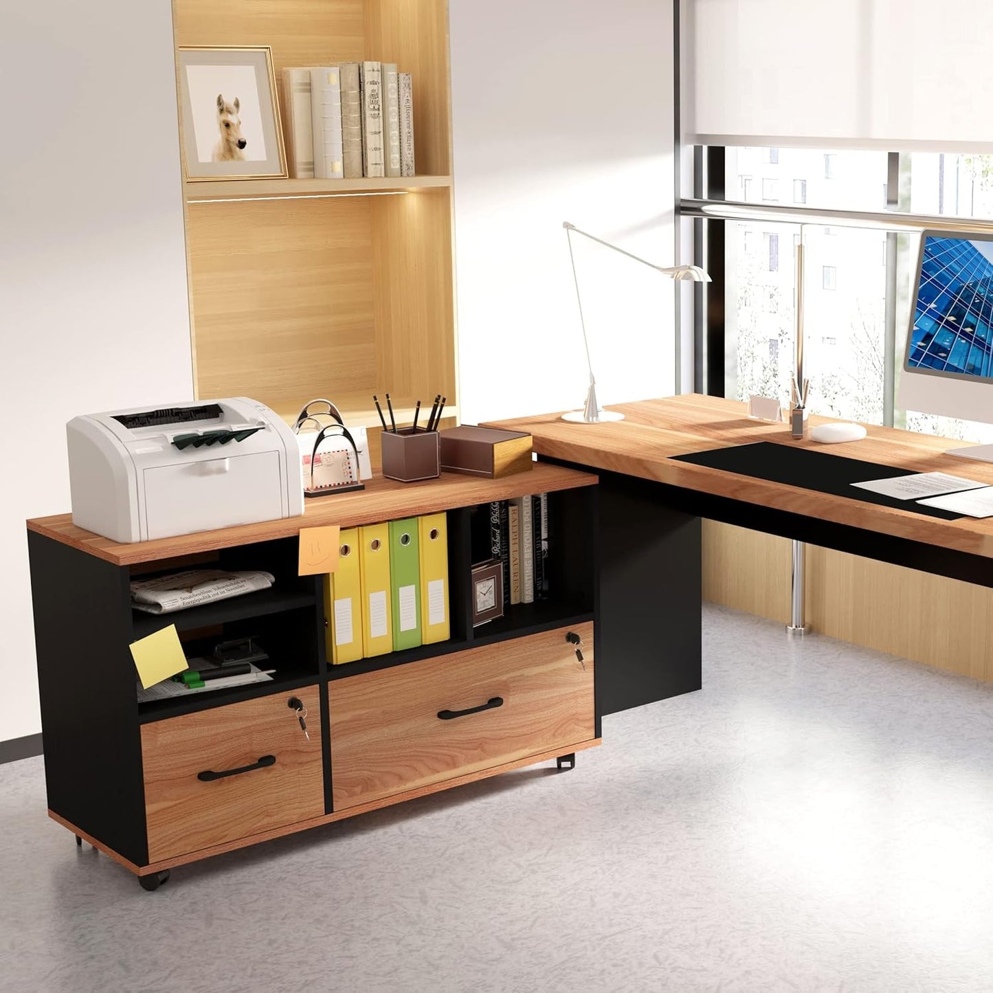 Wooden 2 Drawer File Cabinet Lockable Rolling with Adjustable Shelves Rustic Brown and Black