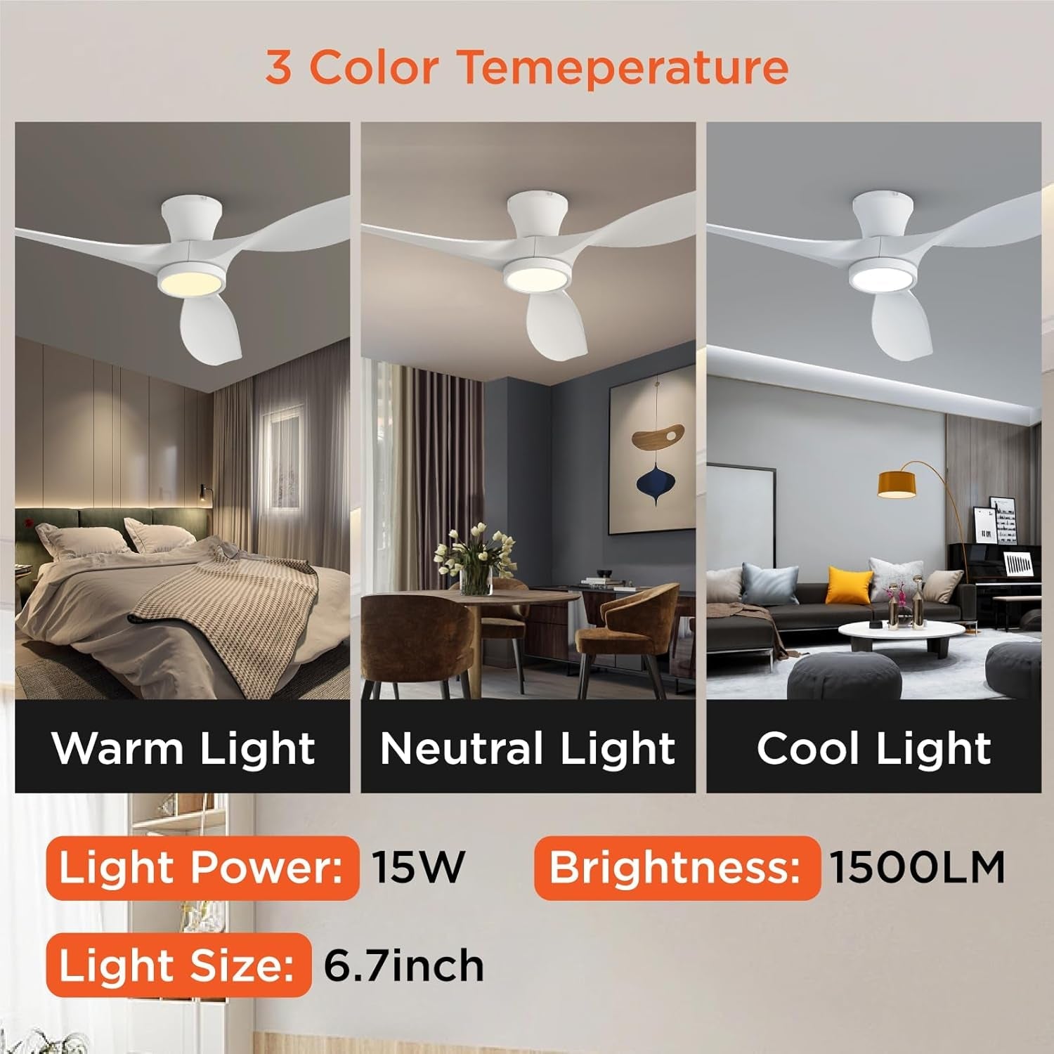 52 Inch Ceiling Fan With Remote And Quiet DC Motor showcasing warm, neutral, and cool light options for versatile lighting.
