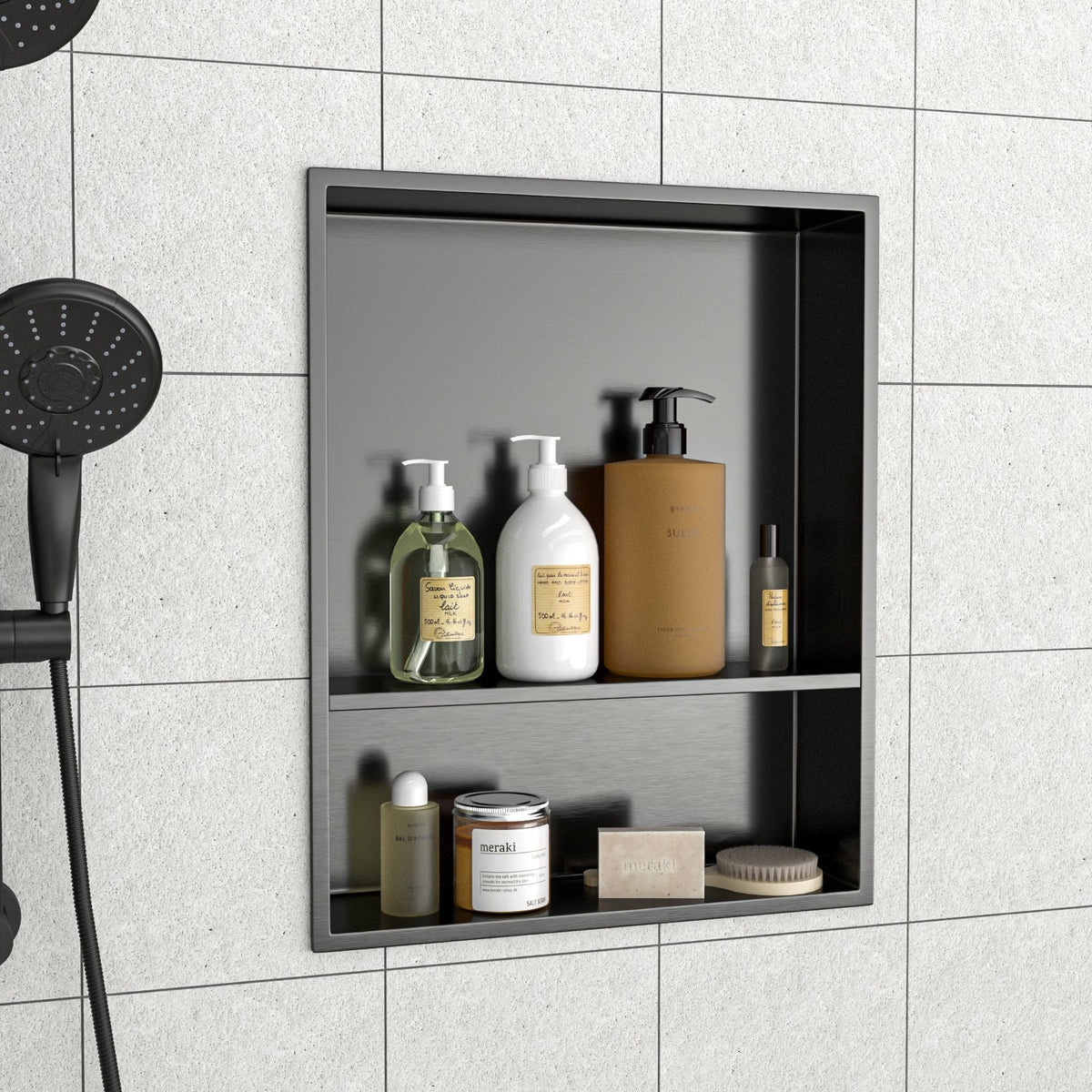 21" x 17" Stainless Steel Shower Niche Double Shelf, Gunmetal
