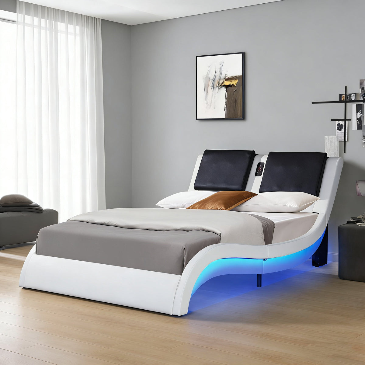 Faux Leather Upholstered Platform Bed Frame with LED Lighting