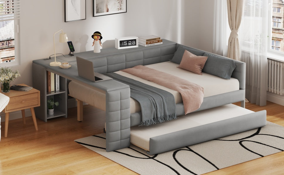 Full Size Upholstered Platform Bed with Storage Shelves, Desk, Charging Station and Trundle