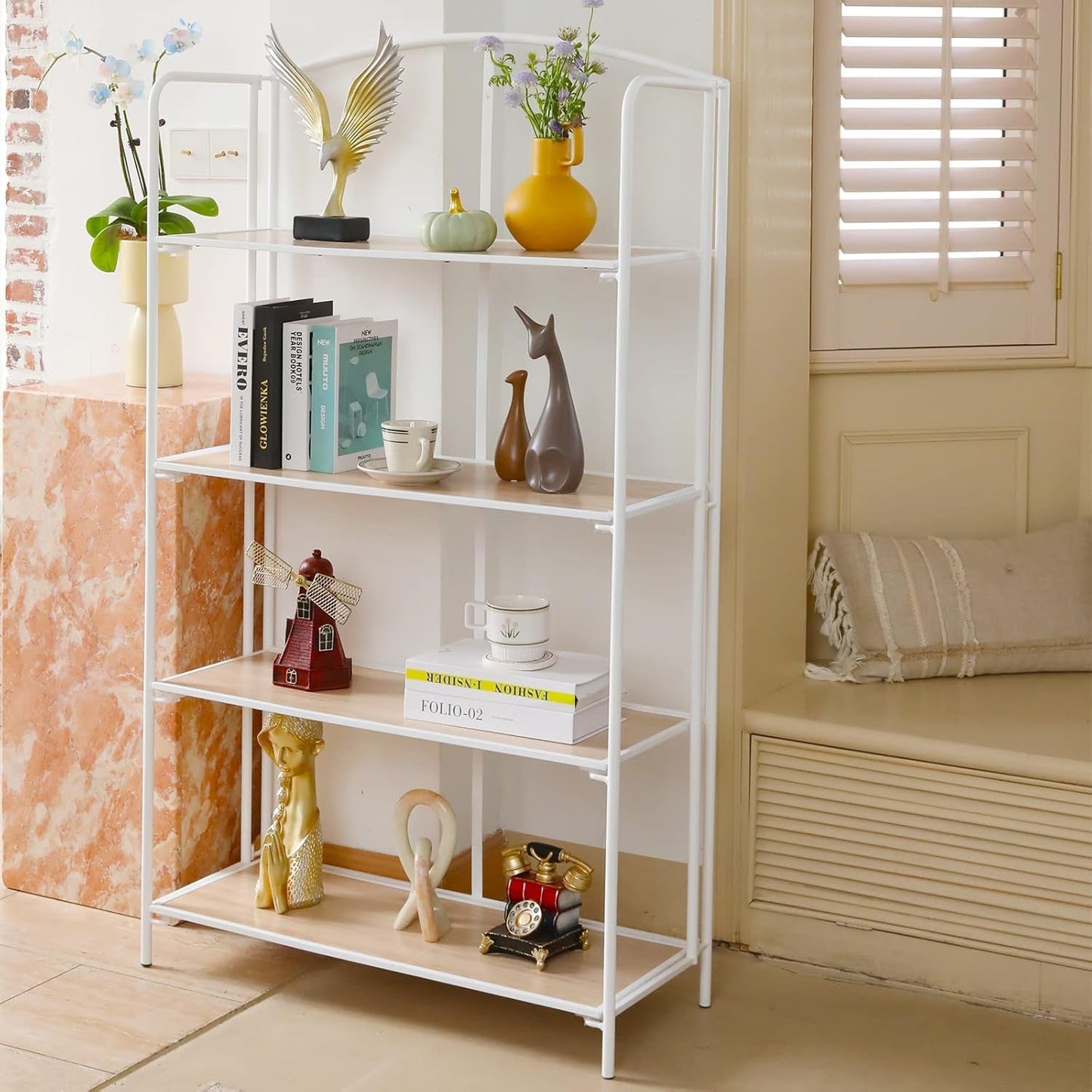 No Assembly Foldable Bookshelf 4 Tier White Bookcase