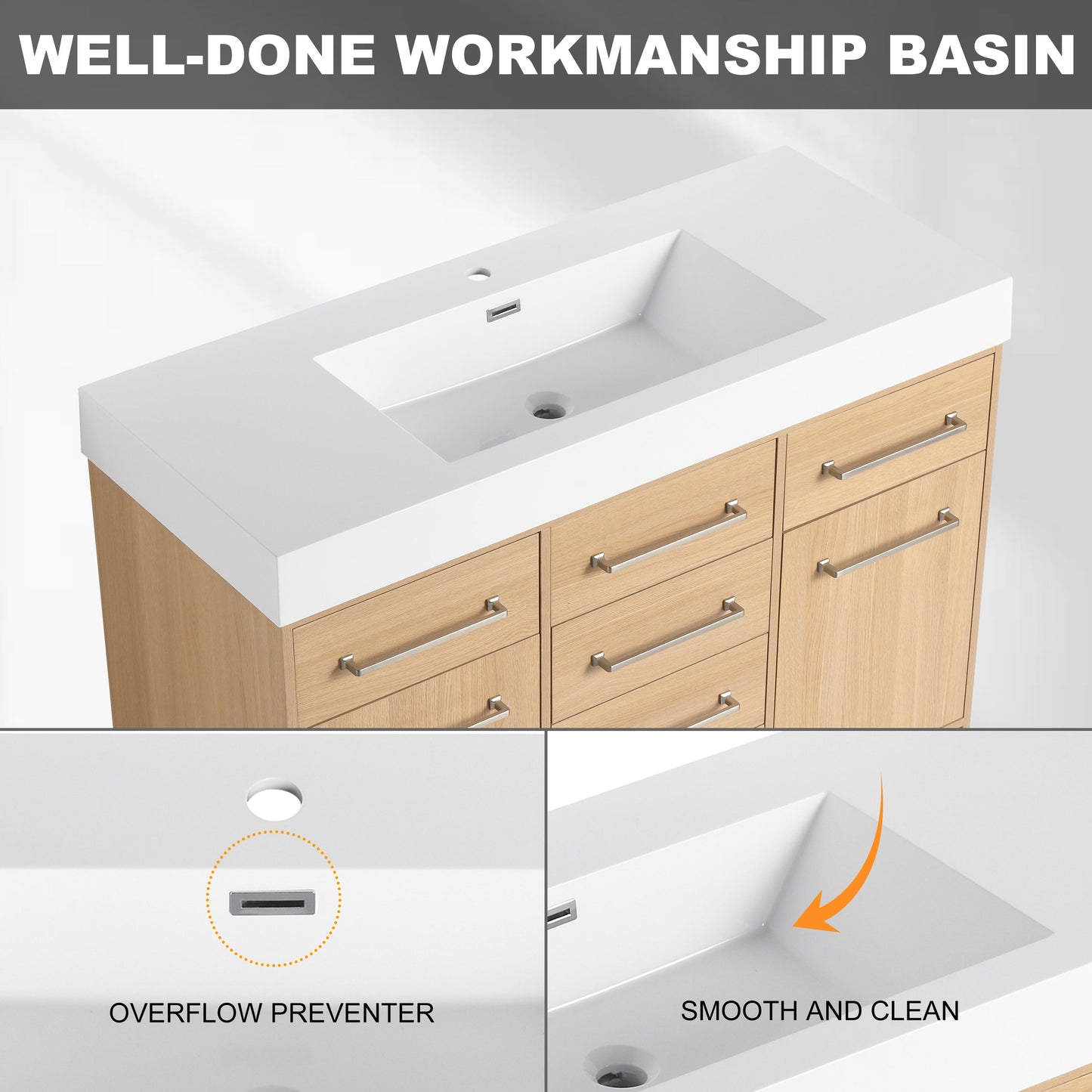 48" Freestanding Bathroom Vanity with Resin Sink, 2 Soft Closing Door & 6 Soft Closing Drawer