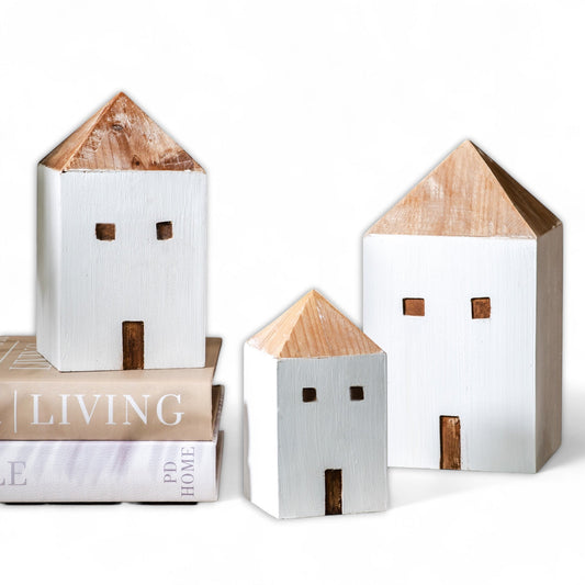 Whitewashed Wood House Figures | Set of 3