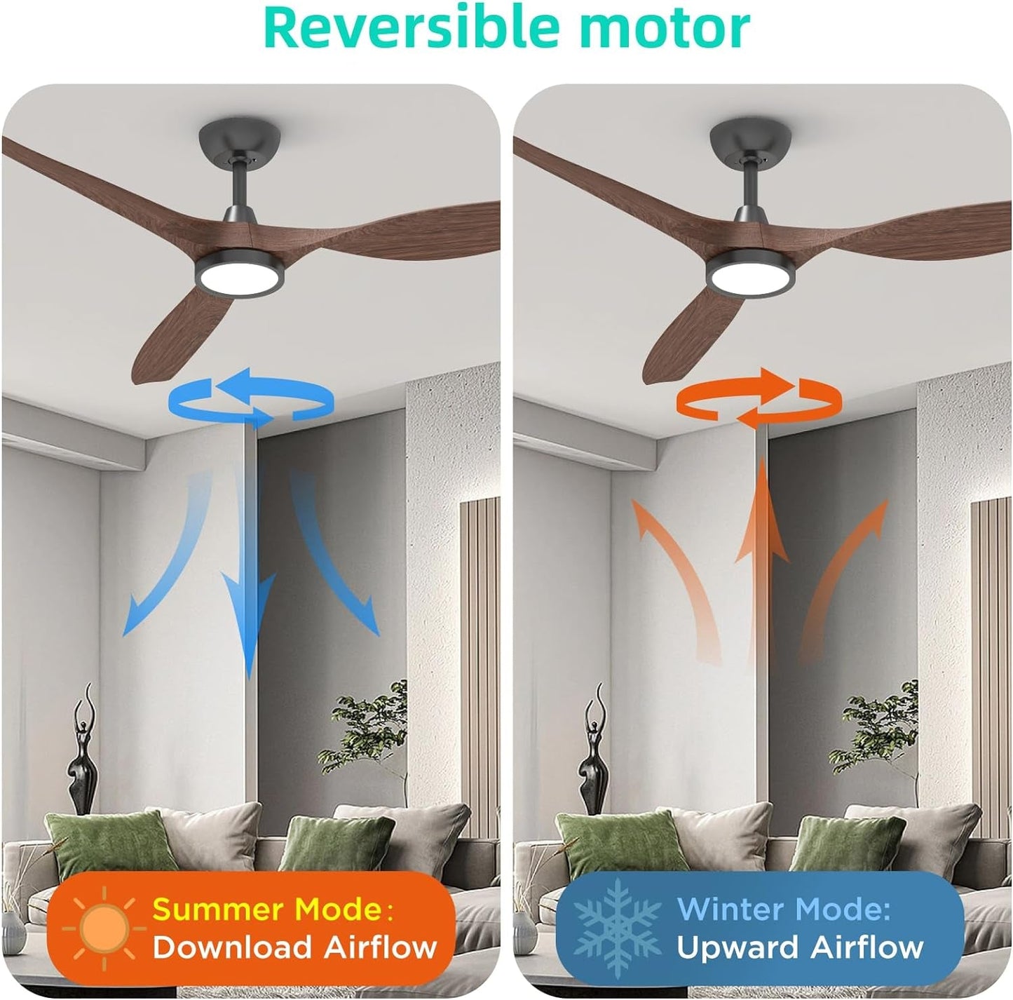Reversible motor design of 52 Inch Black Ceiling Fan With Lights And Remote Control showcasing summer and winter airflow modes.
