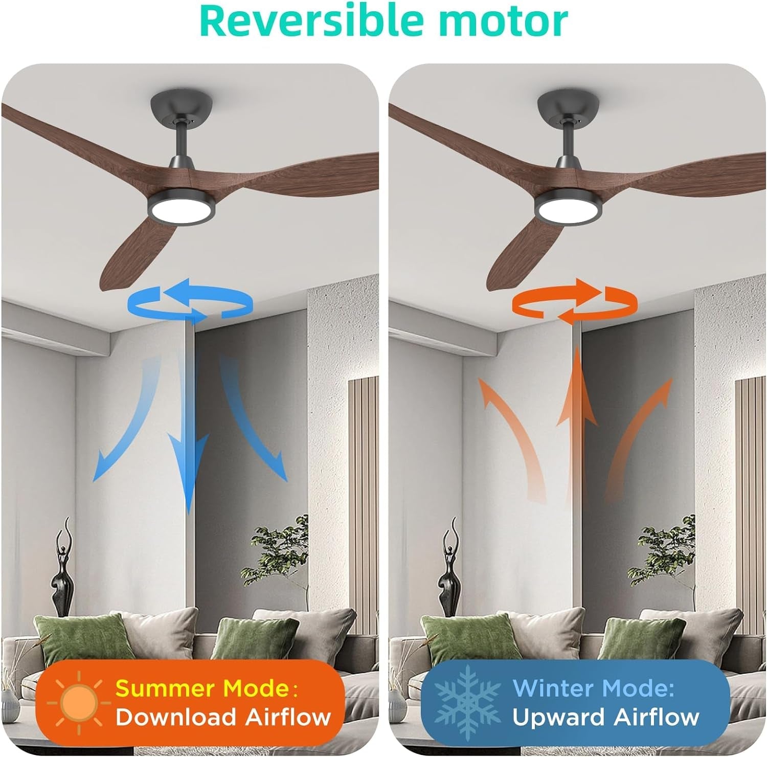 Reversible motor design of 52 Inch Black Ceiling Fan With Lights And Remote Control showcasing summer and winter airflow modes.